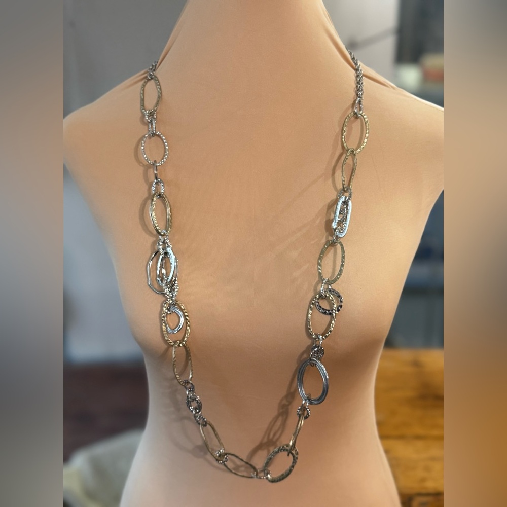 Chicos Hammered Silver And Gold Multi Size Link Necklace
